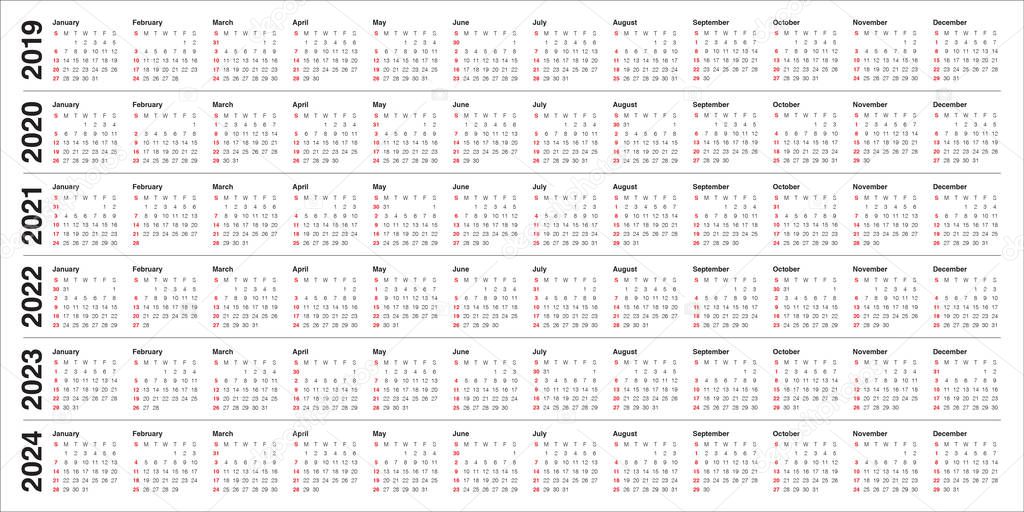 Year 2019 2020 2021 2022 2023 2024 calendar vector design template, simple and clean design