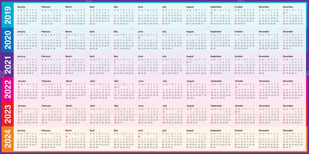 Year 2019 2020 2021 2022 2023 2024 calendar vector design template, simple and clean design