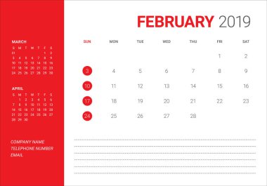 Şubat 2019 Resepsiyon takvim vektör çizim, basit ve temiz tasarım. 