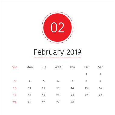 Şubat 2019 Resepsiyon takvim vektör çizim, basit ve temiz tasarım. 