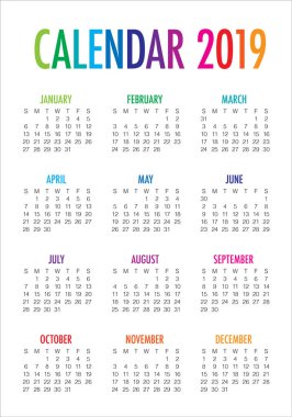 Yıl 2019 takvim vektör tasarım şablonu, basit ve temiz tasarım
