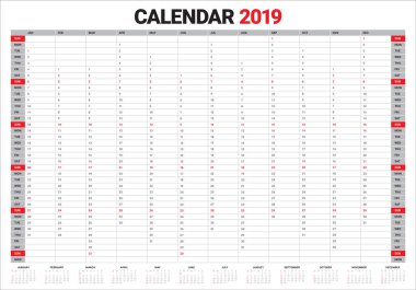 Yıl 2019 takvim vektör tasarım şablonu, basit ve temiz tasarım