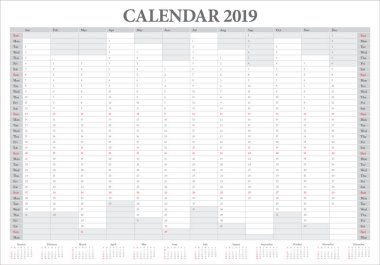 Yıl 2019 takvim vektör tasarım şablonu, basit ve temiz tasarım