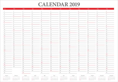 Yıl 2019 takvim vektör tasarım şablonu, basit ve temiz tasarım