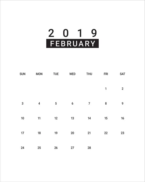 Februari 2019 Bureau Agenda Vectorillustratie Eenvoudige Schone Ontwerp — Stockvector