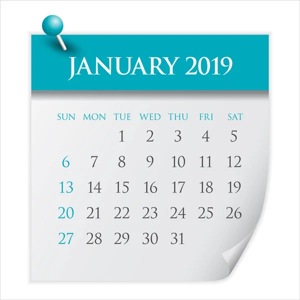 Ledna 2019 Měsíční Kalendář Vektorové Ilustrace Jednoduchý Čistý Design — Stockový vektor
