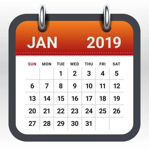 Stycznia 2019 Miesięczny Kalendarz Wektor Ilustracja Prosty Czysty Design — Wektor stockowy
