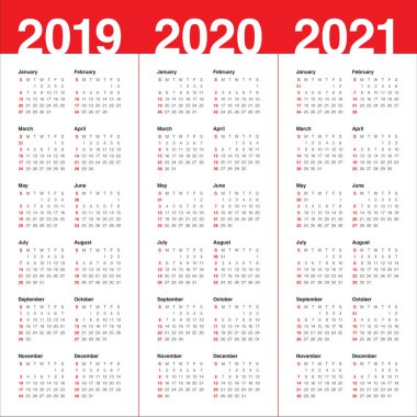 Yıl 2019 2020 2021 takvim vektör tasarım şablonu, basit ve temiz tasarım