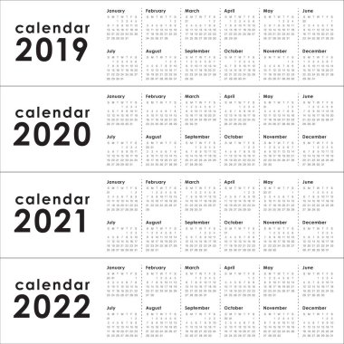 Yıl 2019 2020 2021 2022 takvim vektör tasarım şablonu, basit ve temiz tasarım