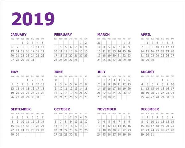 Wektor Szablon Projekt Kalendarza Roku 2019 Prosty Czysty Design — Wektor stockowy