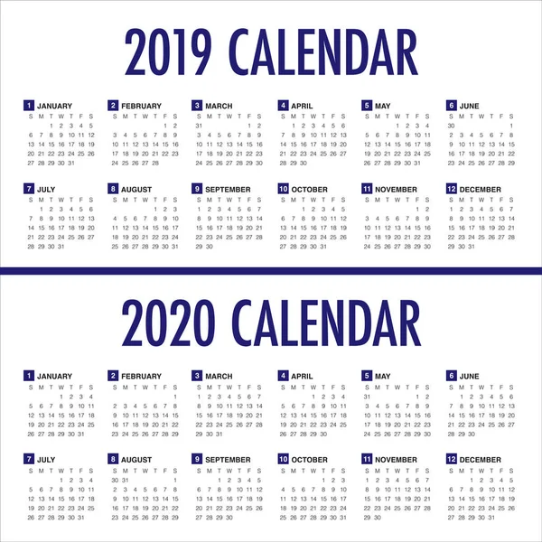 Año 2019 2020 Plantilla Diseño Vectores Calendario Diseño Simple Limpio — Vector de stock