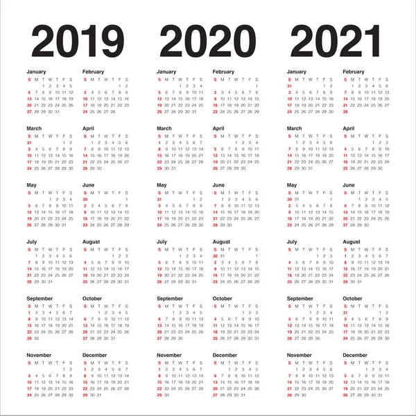 Рік 2019 2020 2021 Календар Векторний Дизайн Шаблон Простий Чистий — стоковий вектор