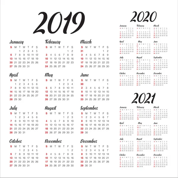 2019 2020 2021 月历矢量设计模板 简洁整洁的设计 — 图库矢量图片