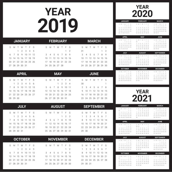 2019 2020 2021 Kalender Vektor Formgivningsmall Enkel Och Ren Design — Stock vektor