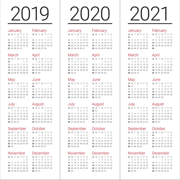 Año 2019 2020 2021 Plantilla Diseño Vectores Calendario Diseño Simple — Vector de stock