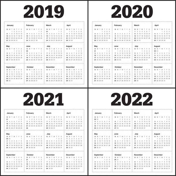 Year 2019 2020 2021 2022 Calendar Vector Design Template Simple — Stock Vector