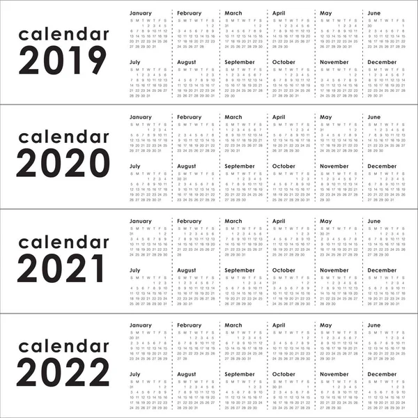 2019 Год 2020 2021 2022 Календарный Векторный Дизайн Шаблон Простой — стоковый вектор