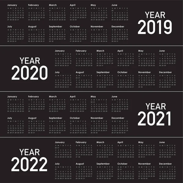 Ano 2019 2020 2021 2022 Modelo Projeto Vetorial Calendário Design —  Vetores de Stock