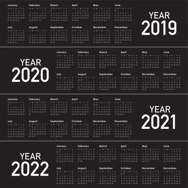 Ano 2019 2020 2021 2022 Modelo Projeto Vetorial Calendário Design — Vetor de Stock