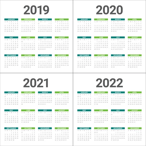 2019 Год 2020 2021 2022 Календарный Векторный Дизайн Шаблон Простой — стоковый вектор