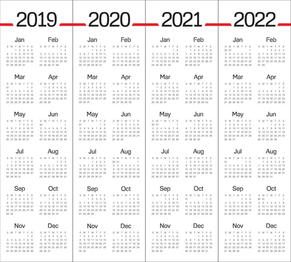 Wektor Szablon Projekt Kalendarza Roku 2019 2020 2021 2022 Prosty — Wektor stockowy