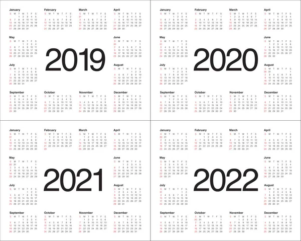 Anno 2019 2020 2021 2022 Calendario Modello Progettazione Vettoriale Design — Vettoriale Stock