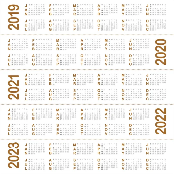 Anno 2019 2020 2021 2022 2023 Calendario Modello Progettazione Vettoriale — Vettoriale Stock