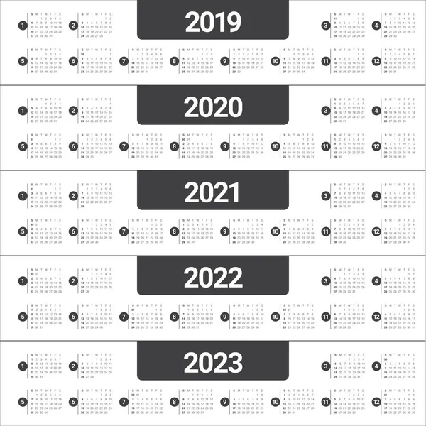 Roku 2019 2020 2021 2022 2023 Kalendář Vektorové Šablona Návrhu — Stockový vektor