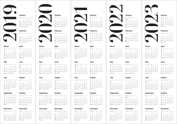 Year 2019 2020 2021 2022 2023 Calendar Vector Design Template — Stock Vector