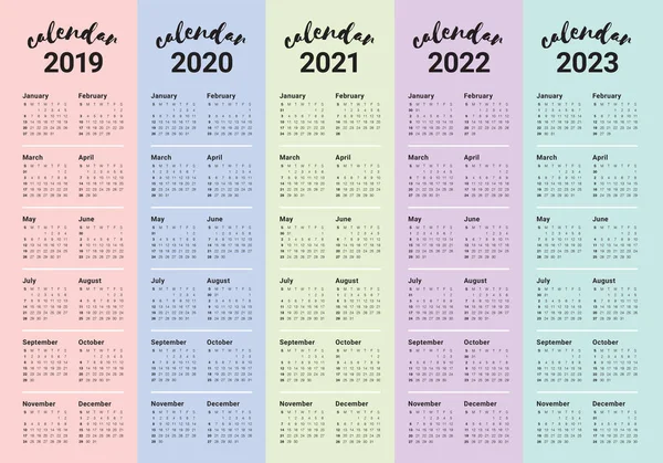 Año 2019 2020 2021 2022 2023 Plantilla Diseño Vectores Calendario — Archivo Imágenes Vectoriales