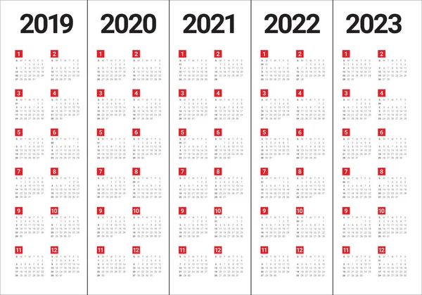 Año 2019 2020 2021 2022 2023 Plantilla Diseño Vectores Calendario — Vector de stock