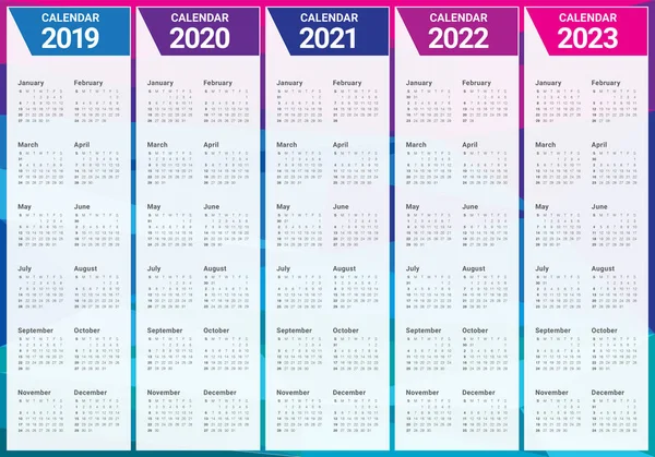 2019 2020 2021 2022 2023 Kalender Vektor Formgivningsmall Enkel Och — Stock vektor