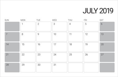 Temmuz 2019 Resepsiyon takvim vektör çizim, basit ve temiz tasarım. 