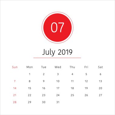 Temmuz 2019 Resepsiyon takvim vektör çizim, basit ve temiz tasarım. 