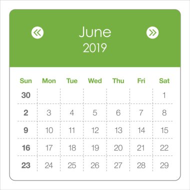 Haziran 2019 aylık takvim vektör çizim, basit ve temiz tasarım. 