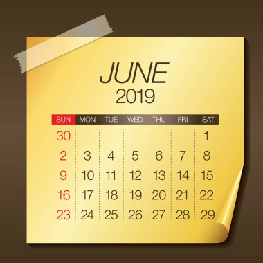 Haziran 2019 aylık takvim vektör çizim, basit ve temiz tasarım. 