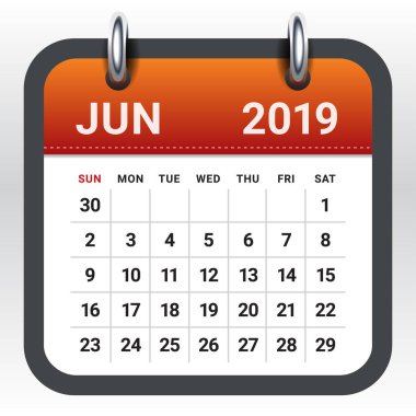 Haziran 2019 aylık takvim vektör çizim, basit ve temiz tasarım. 