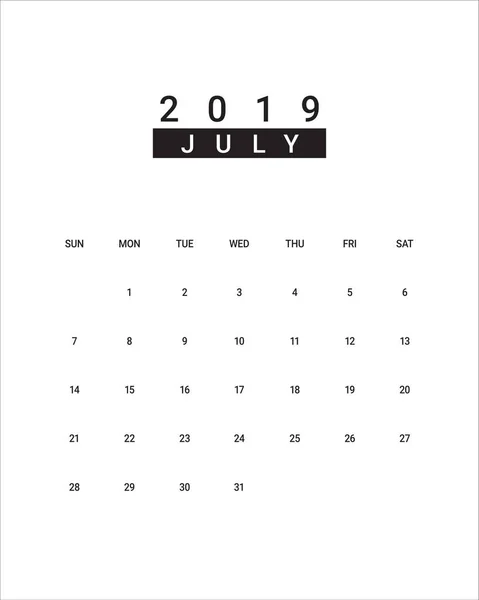 Ilustracja Wektorowa Lipca 2019 Biurko Kalendarza Prosty Czysty Design — Wektor stockowy