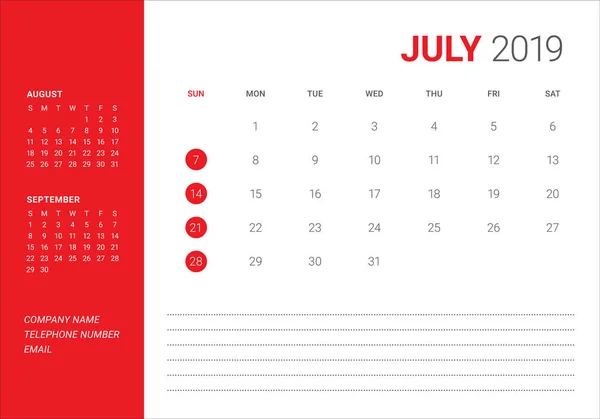 Julio 2019 Escritorio Calendario Vector Ilustración Diseño Simple Limpio — Vector de stock