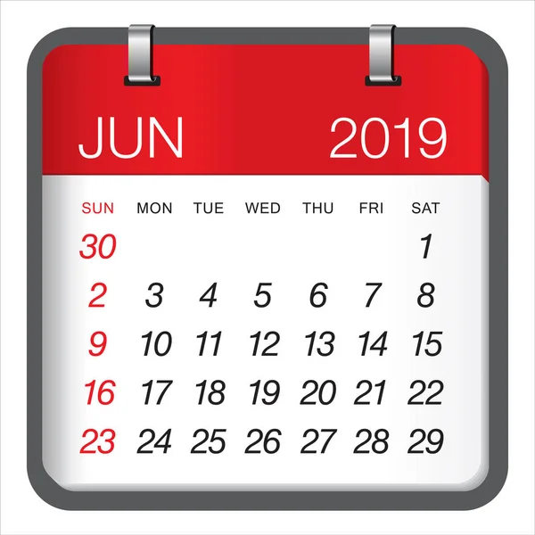 Czerwca 2019 Miesięczny Kalendarz Wektor Ilustracja Prosty Czysty Design — Wektor stockowy