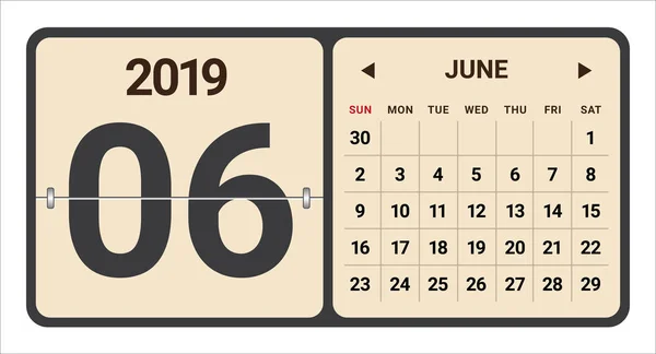 Junho 2019 Calendário Mensal Ilustração Vetorial Design Simples Limpo — Vetor de Stock