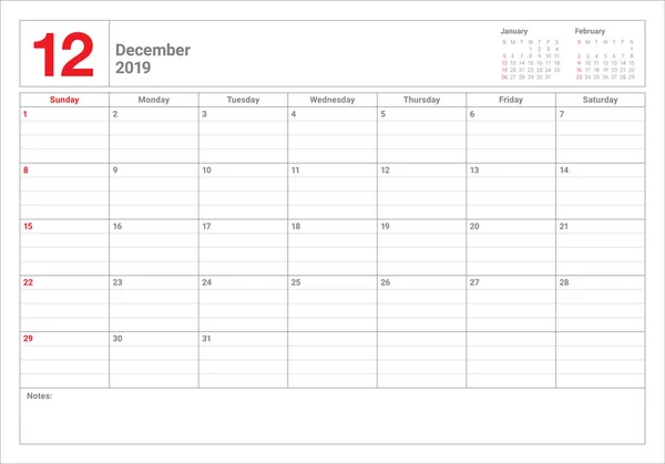 December 2019 Skrivbord Kalender Vektorillustration Enkel Och Ren Design — Stock vektor