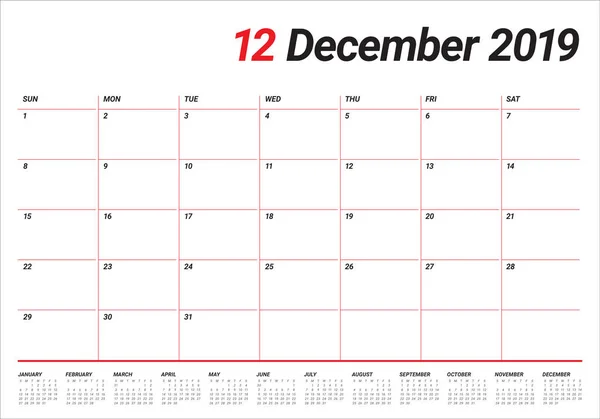 Diciembre 2019 Escritorio Calendario Vector Ilustración Diseño Simple Limpio — Vector de stock