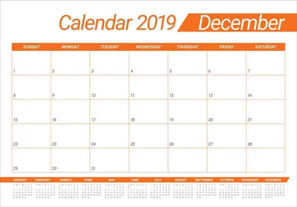 Calendrier Bureau Décembre 2019 Illustration Vectorielle Design Simple Épuré — Image vectorielle