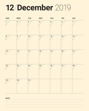 Aralık 2019 Resepsiyon takvim vektör çizim, basit ve temiz tasarım.