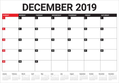 Aralık 2019 Resepsiyon takvim vektör çizim, basit ve temiz tasarım.