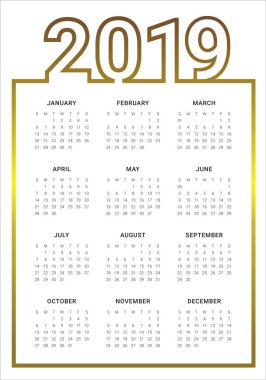 Yıl 2019 takvim vektör tasarım şablonu, basit ve temiz tasarım