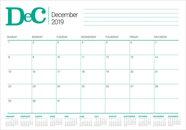 Calendrier Bureau Décembre 2019 Illustration Vectorielle Design Simple Épuré — Image vectorielle