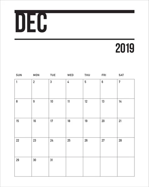 Calendrier Bureau Décembre 2019 Illustration Vectorielle Design Simple Épuré — Image vectorielle