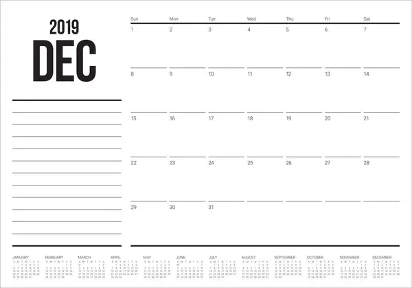 Грудень 2019 Настільний Календар Векторні Ілюстрації Простий Чистий Дизайн — стоковий вектор